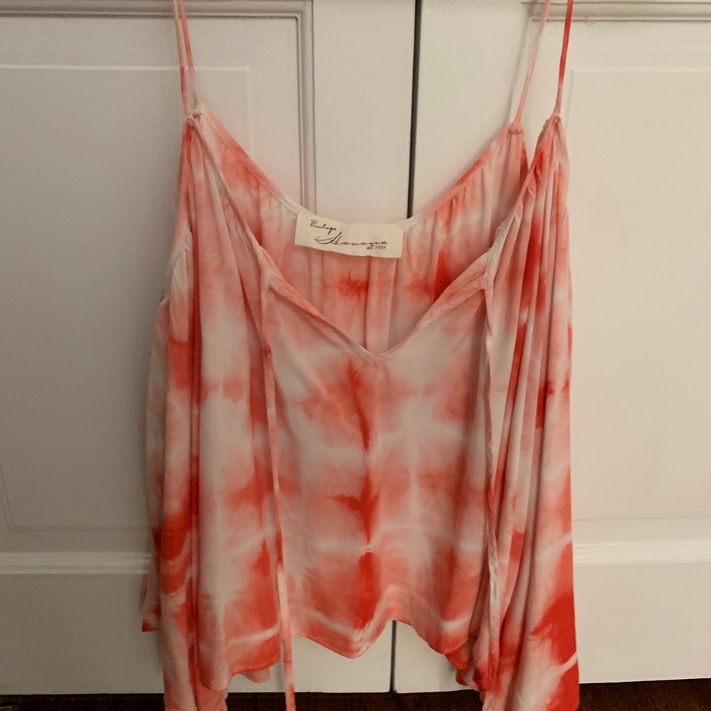 orange and white tie dye cold shoulder